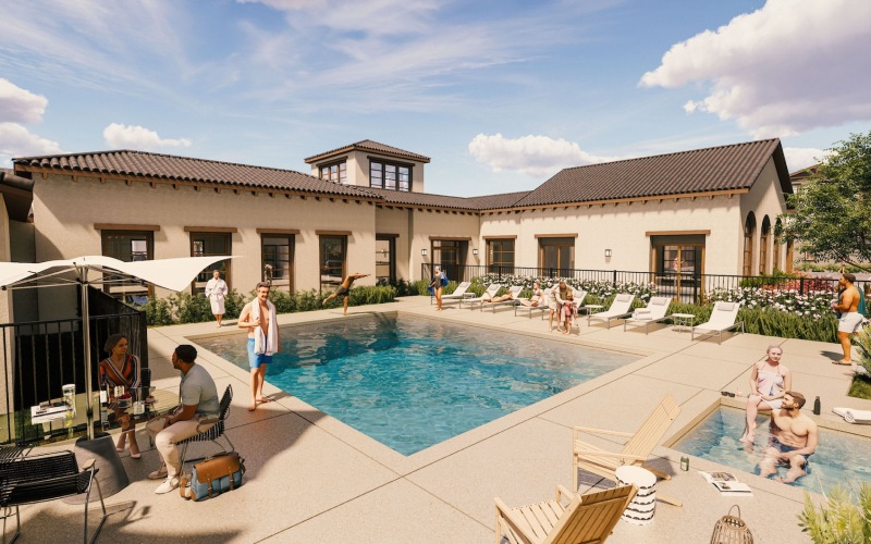 pool with reclining seats and nearness to apartments